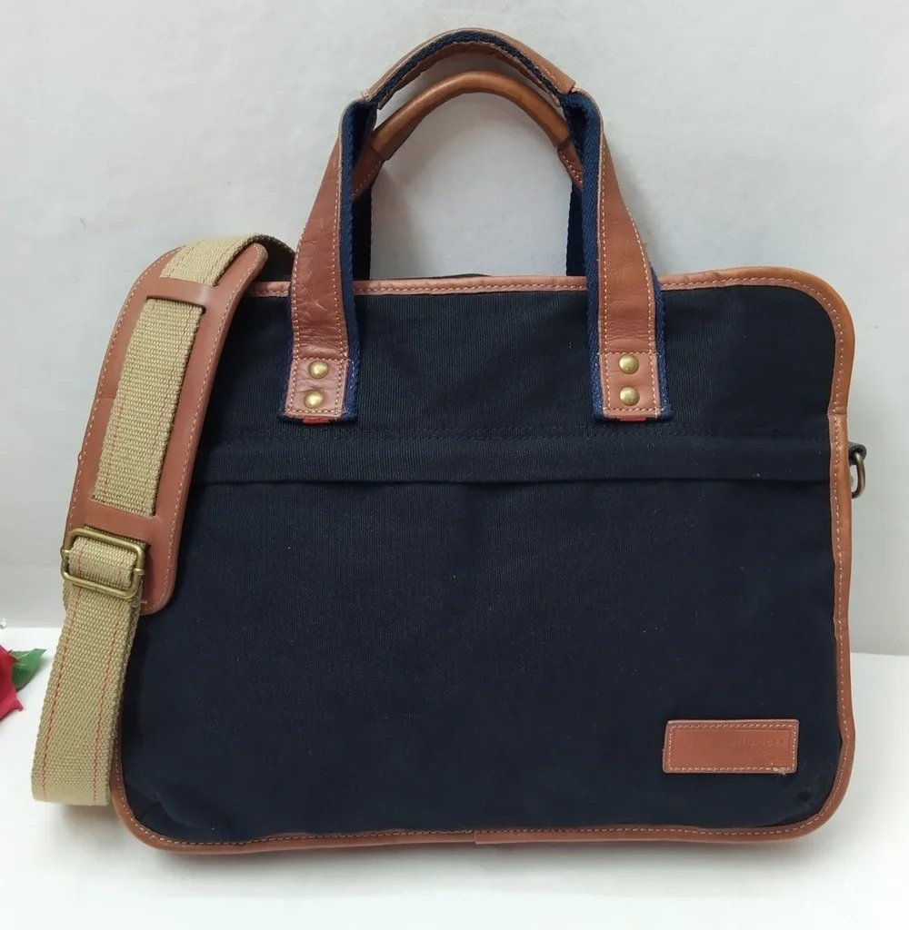 Tommy Hilfiger Dark Blue Canvas Double Handles Zipper Messenger Laptop Bag